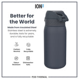 A dark-grey insulated steel water bottle sits on a white background; it is durable, recyclable, dishwasher safe, and odour resistant.