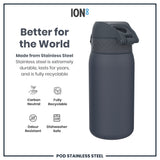 A dark-grey stainless steel water bottle sits on a white background; it is presented as durable, recyclable, odour-resistant, and dishwasher-safe.
