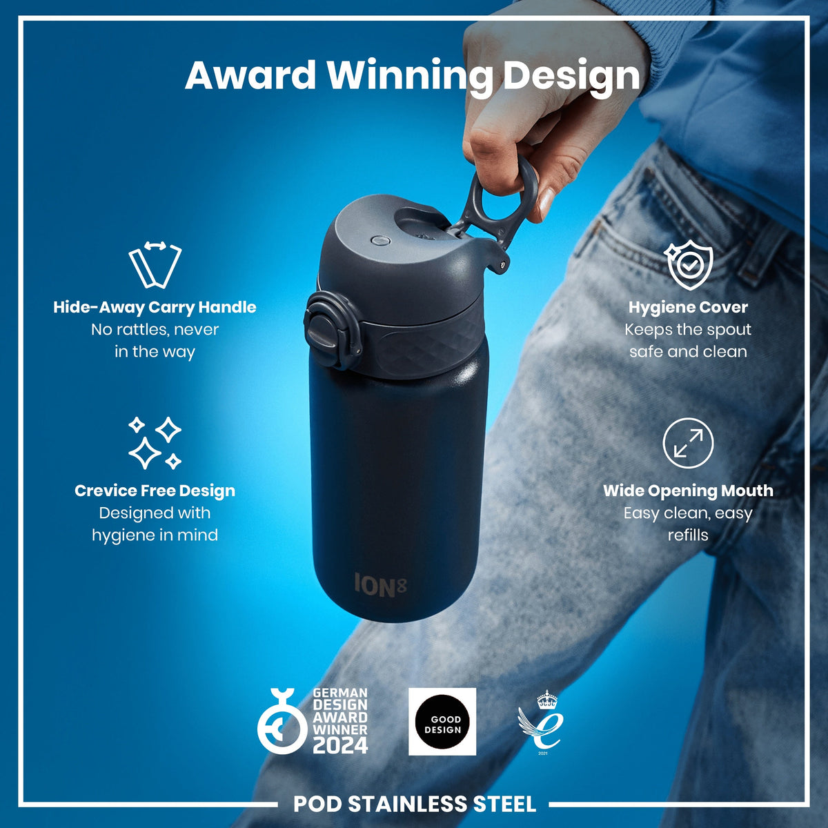 A black stainless steel water bottle is held by a hand. It features a hide-away handle, hygiene cover, and wide mouth opening. The bottle is an award-winning design.