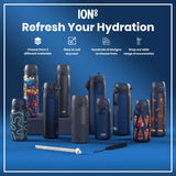 Several ION8 water bottles, in various sizes and designs, are displayed on a blue surface; accessories are also shown. 