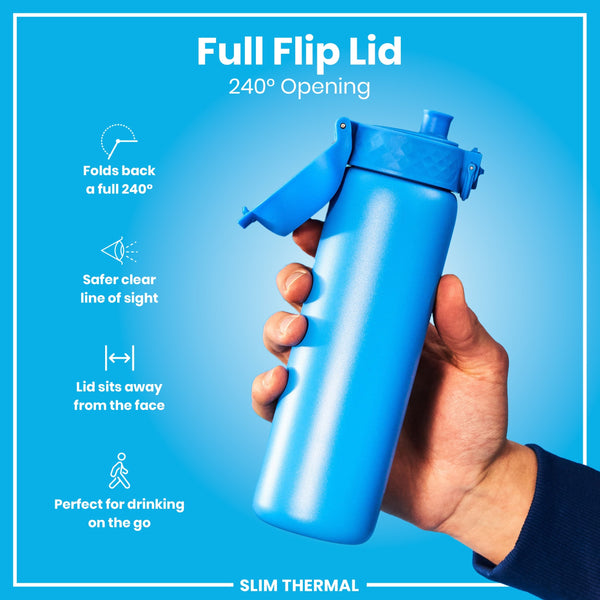 A blue water bottle with a flip lid is held; the lid opens 240 degrees. The bottle is described as "Slim Thermal" and is shown against a light blue background.