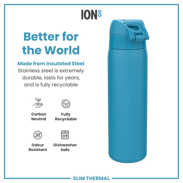 A teal-colored insulated steel water bottle sits against a white background; it is durable, recyclable, dishwasher-safe, and odor-resistant. Better for the World. ION8. Slim Thermal.
