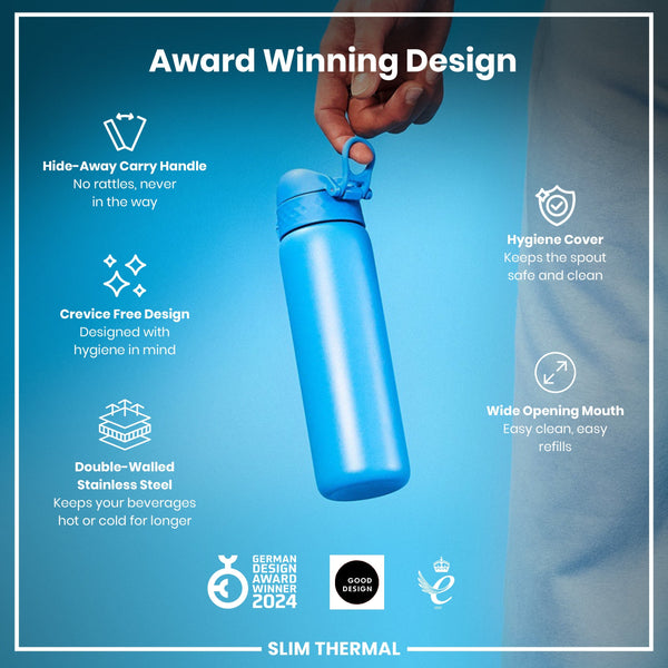 A blue, double-walled stainless steel water bottle is being held; it features a hide-away handle, crevice-free design, hygiene cover, and wide mouth. Award-winning design.