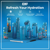 Several blue ION8 water bottles, various sizes and designs, are displayed on a blue surface; a straw and carrying strap are also shown. The text reads: 