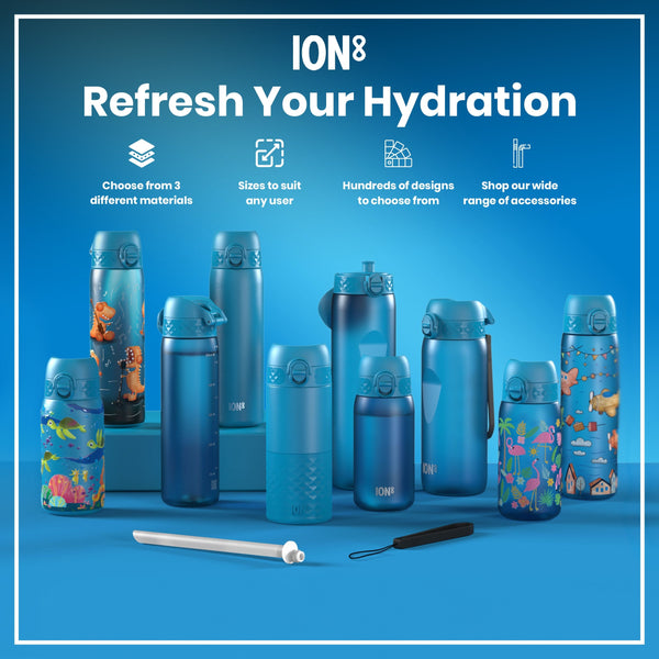 Several blue ION8 water bottles, various sizes and designs, are displayed on a blue surface; a straw and carrying strap are also shown. The text reads: "ION8 Refresh Your Hydration. Choose from 3 different materials. Sizes to suit any user. Hundreds of designs to choose from. Shop our wide range of accessories."