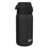 A black ION8 water bottle sits against a white background. The bottle is cylindrical with a textured surface and a black lid.
