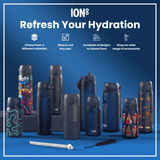 Several ION8 water bottles, in various sizes and designs, are displayed on a blue surface. Accessories are also shown. The background features text promoting the product's features.
