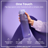 A purple water bottle is held; its flip top opens one-handed. The context is a promotional image, highlighting ease of use and leak-proof design. 