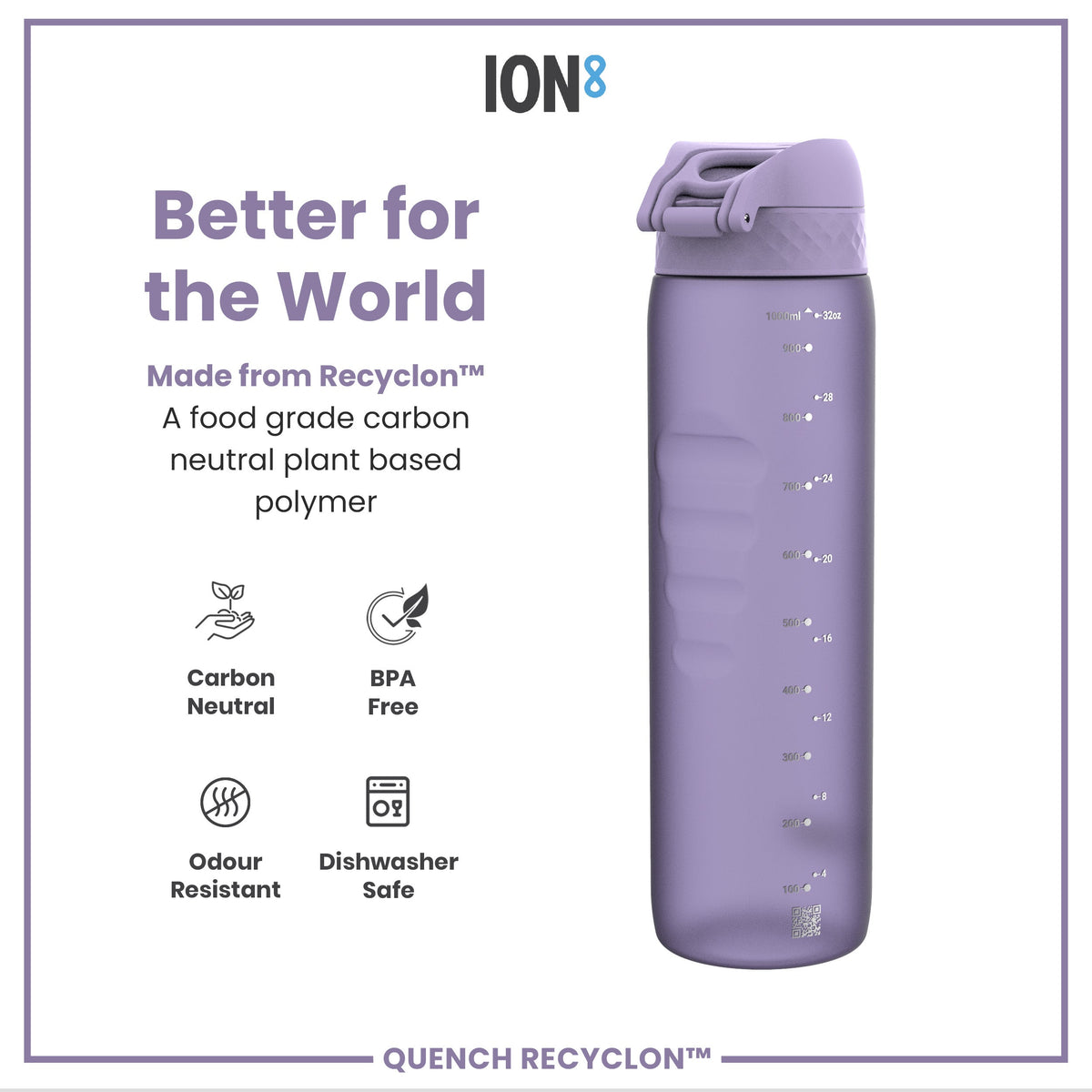 A lavender water bottle sits against a white background. The bottle is made from Recyclon™, a plant-based polymer, and displays volume markings. Marketing text highlights its carbon-neutral and BPA-free attributes.
