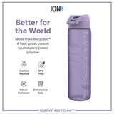 A lavender water bottle sits against a white background. The bottle is made from Recyclon™, a plant-based polymer, and displays volume markings. Marketing text highlights its carbon-neutral and BPA-free attributes.