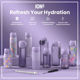 Various ION8 water bottles, displayed on a purple surface, offer different sizes, materials, and designs. Accessories are also shown.