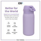 A lavender insulated steel water bottle sits on a white background. The bottle is shown alongside text advertising its durability, recyclability, and other features. ION8 and POD THERMAL are also visible.