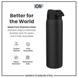 A black, stainless steel water bottle sits on a white background. It is made from recyclable, durable material and is dishwasher safe. The bottle is advertised as 