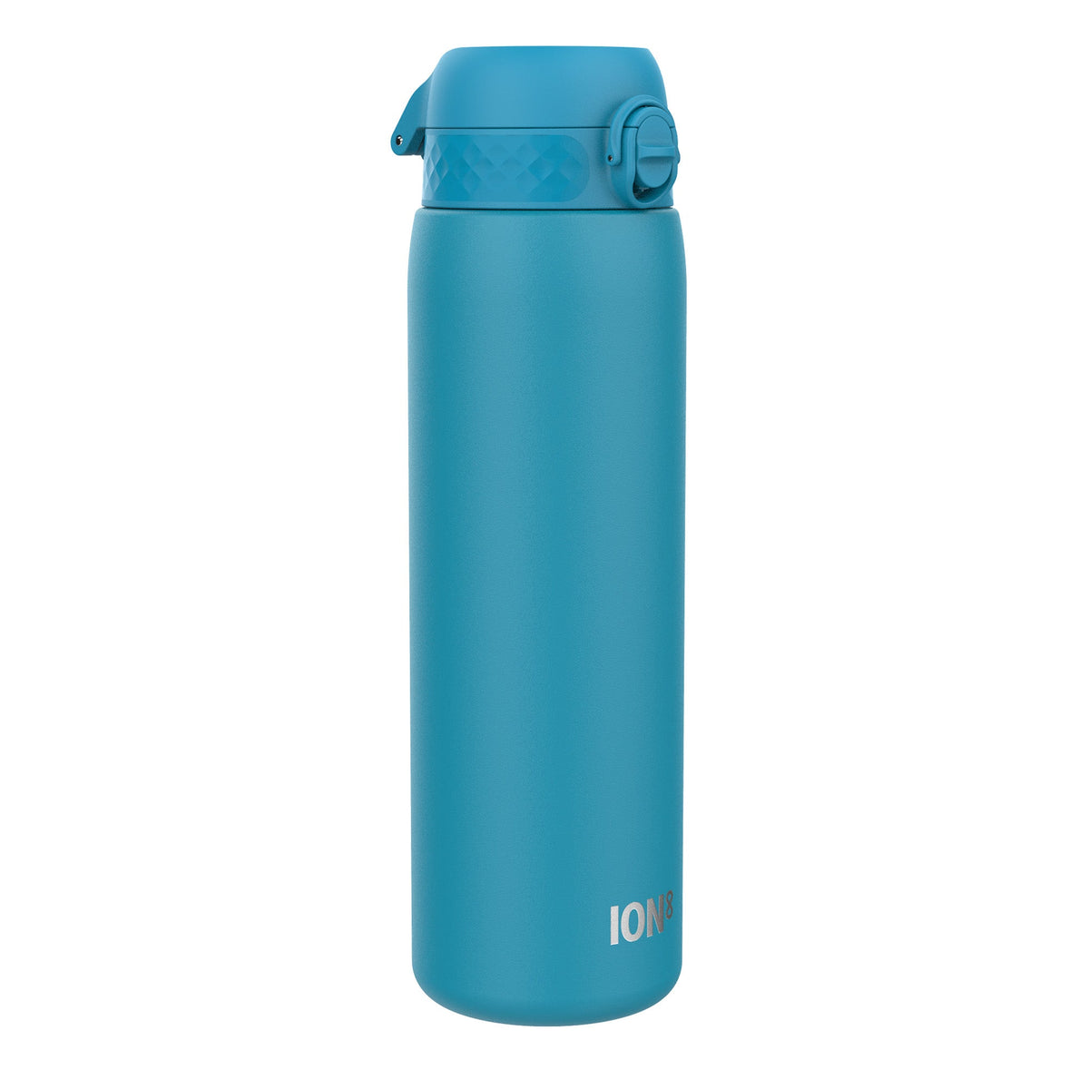 A teal water bottle stands upright against a white background. The bottle has a screw-on lid with a flip-top spout and the word "ION8" is printed near the base.