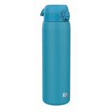 A teal water bottle stands upright against a white background. The bottle has a screw-on lid with a flip-top spout and the word 