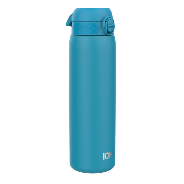 A teal water bottle stands upright against a white background. The bottle has a screw-on lid with a flip-top spout and the word "ION8" is printed near the base.