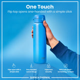 A blue water bottle is held; its flip top opens one-handed. The background is blue; text highlights features: 