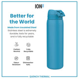 A teal insulated steel water bottle stands against a white background. It is made from fully recyclable, odour-resistant, and dishwasher-safe stainless steel; the bottle is carbon neutral. The text also states that it is 