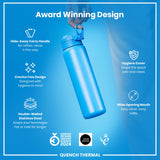 A light-blue, double-walled stainless steel water bottle is being held; its features, including a hide-away handle and hygiene cover, are highlighted against a blue background. The bottle is an award-winning design.