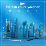 Several blue water bottles, varying in size and design, are displayed on a blue surface. They are shown alongside a straw and a lanyard. The text reads: 