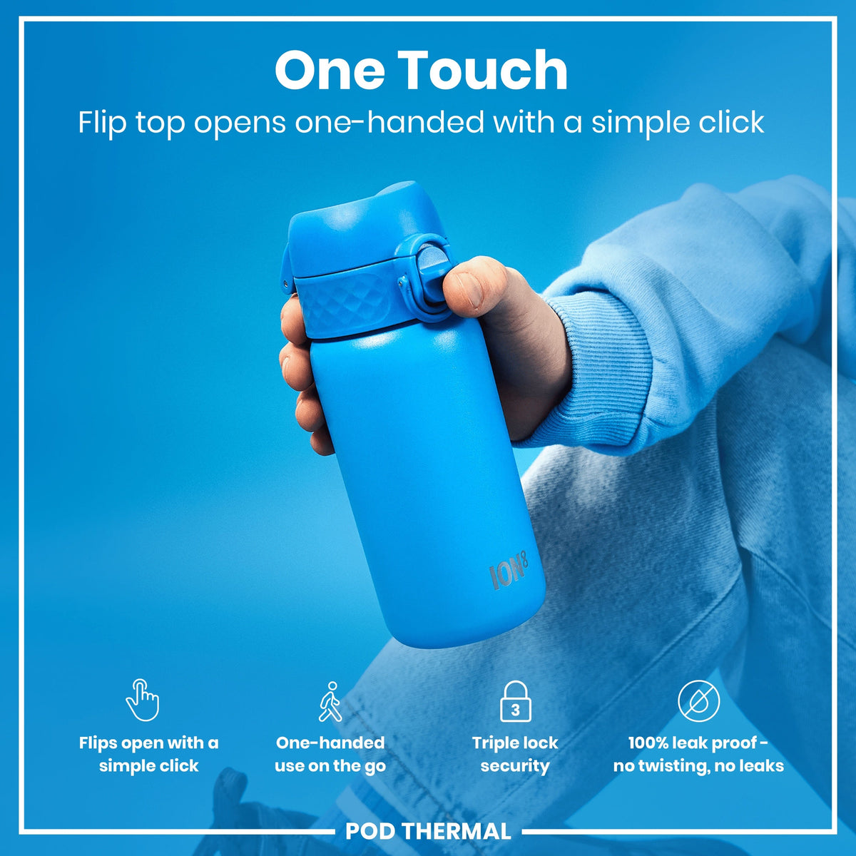 A blue water bottle is held; its flip top opens one-handed. The bottle is displayed against a light-blue background. "One Touch. Flip top opens one-handed with a simple click."