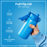 A blue water bottle with a flip lid is held, showcasing its 240° opening. The lid folds back, providing a clear view and sits away from the face. It's advertised as perfect for on-the-go drinking. POD THERMAL.