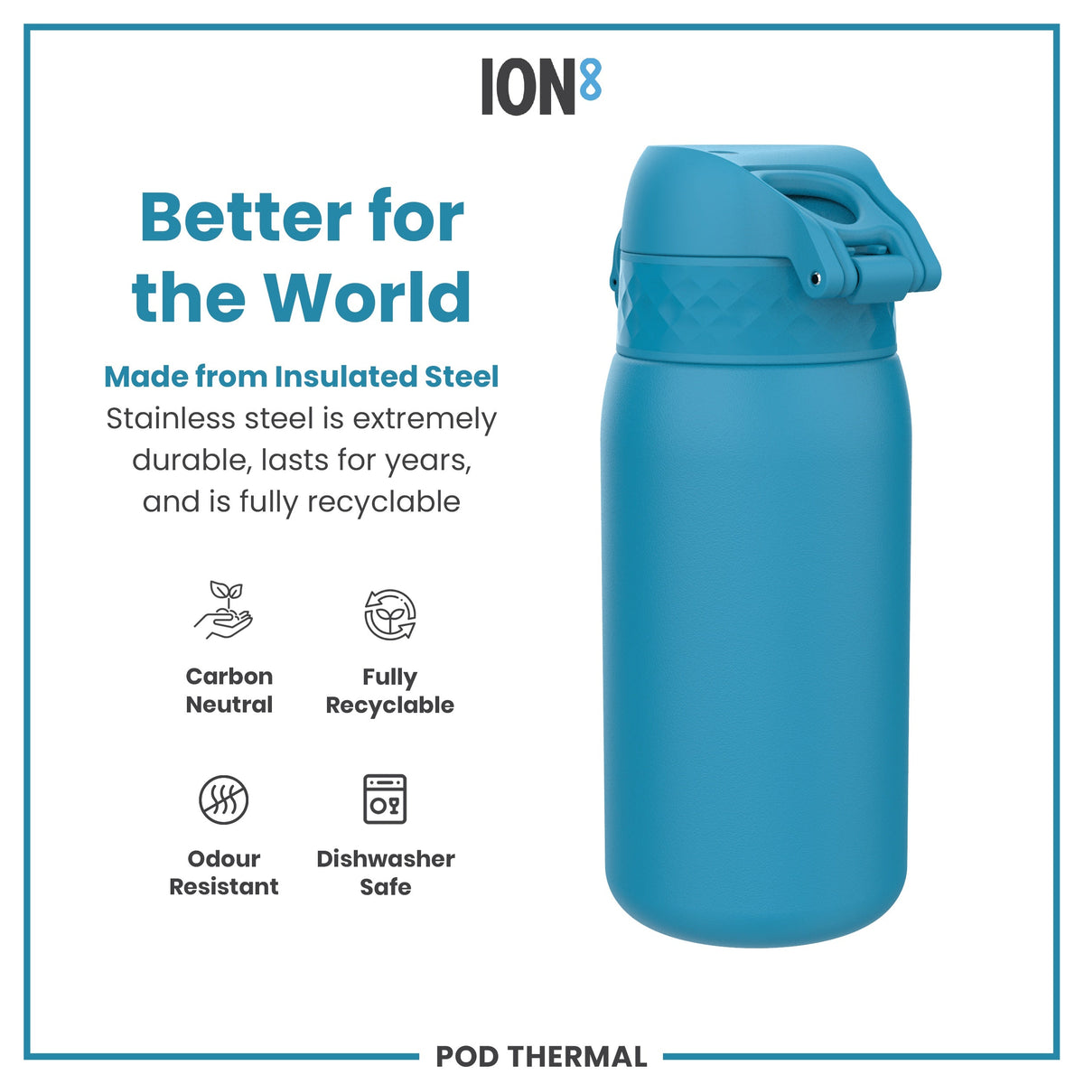 A teal insulated stainless steel water bottle sits against a white background. The bottle is shown with text advertising its durability, recyclability, and other features. The text includes "ION8" and "POD THERMAL".