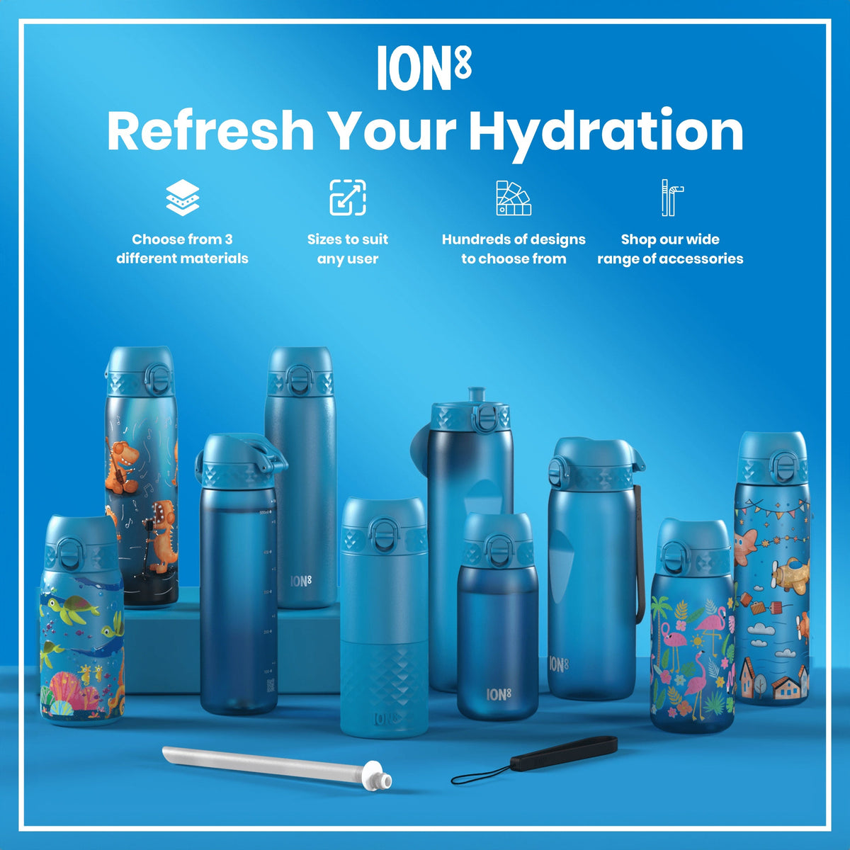 Several ION8 water bottles, in various sizes and designs, are displayed on a blue surface. Accessories are also shown. The context is an advertisement for the product line.