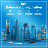 Several ION8 water bottles, in various sizes and designs, are displayed on a blue surface. Accessories are also shown. The context is an advertisement for the product line.