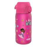 A pink water bottle, featuring princess and castle illustrations, sits against a white background. The bottle is leakproof, as indicated by the text 
