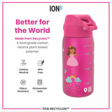 A pink, child-sized water bottle, featuring a princess design and measurement markers, sits against a white background, advertising its eco-friendly, plant-based material.
