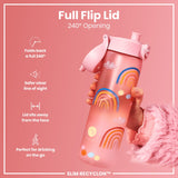A pink water bottle, decorated with rainbows, is being held. Its lid flips back 240° for easy, safe drinking on the go. The bottle is labeled “SLIM RECYCLON™”.
