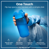 A blue water bottle is held; its flip top opens one-handed. The context is a product advertisement highlighting ease of use and leak-proof features. 