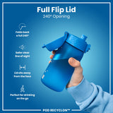 A blue water bottle with a flip lid is held; its lid opens 240 degrees. The bottle is shown against a blue background; text highlights features and the brand, 