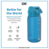 A blue water bottle sits on a white background; it is made from a plant-based polymer and is dishwasher safe.