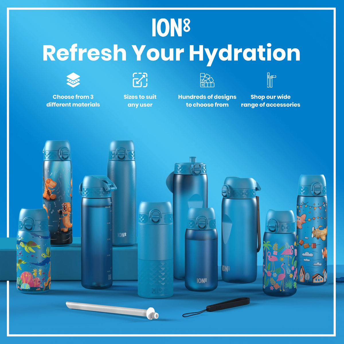 Several ION8 water bottles, of varying sizes and designs, are displayed on a blue surface. They are shown to highlight material, size, and design options. Accessories are also visible.