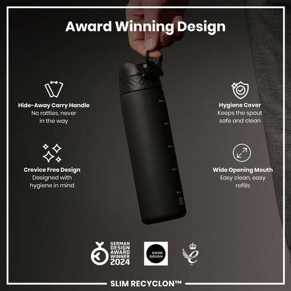 A black water bottle is being held; it features a hide-away handle, hygiene cover, and wide mouth. Award-winning design details are highlighted, including 2024 German Design Award and Good Design awards.