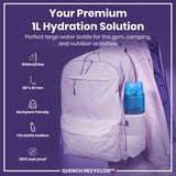 A lavender backpack, containing a blue water bottle, is shown against a purple backdrop. The bottle is 1000ml/34oz, 287 x 81 mm, backpack friendly, fits bottle holders, and is 100% leak proof. QUENCH RECYCLON™ is visible.