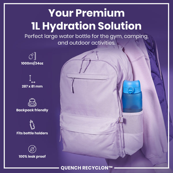 A lavender backpack, containing a blue water bottle, is shown against a purple backdrop. The bottle is 1000ml/34oz, 287 x 81 mm, backpack friendly, fits bottle holders, and is 100% leak proof. QUENCH RECYCLON™ is visible.