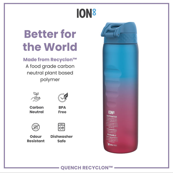 A water bottle sits against a white background. It is made of a plant-based polymer, and features a gradient design. The text on the bottle highlights its reusability and health benefits.