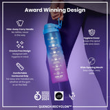 A person holds a purple and blue water bottle with time-marked hydration goals. The bottle has a hide-away handle, contoured grip, and a hygiene cover. The context is a product advertisement highlighting design awards.