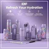 Several purple water bottles, various sizes and designs, are displayed on a lavender surface; some feature whimsical illustrations. A straw and carrying strap are included. 