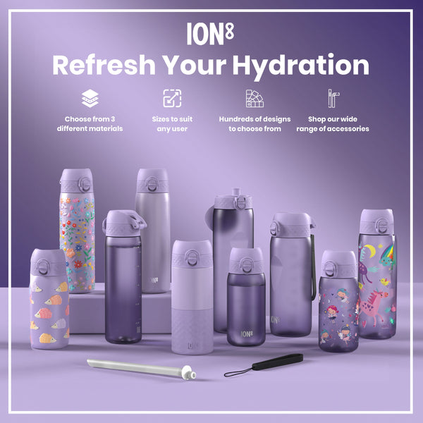 Several purple water bottles, various sizes and designs, are displayed on a lavender surface; some feature whimsical illustrations. A straw and carrying strap are included. "ION8 Refresh Your Hydration" is prominently featured at the top. The text also details material options, sizing, designs and accessories.