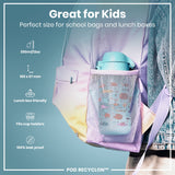 A teal water bottle fits inside a pastel backpack's mesh pocket. The backpack is worn by a person wearing denim. 