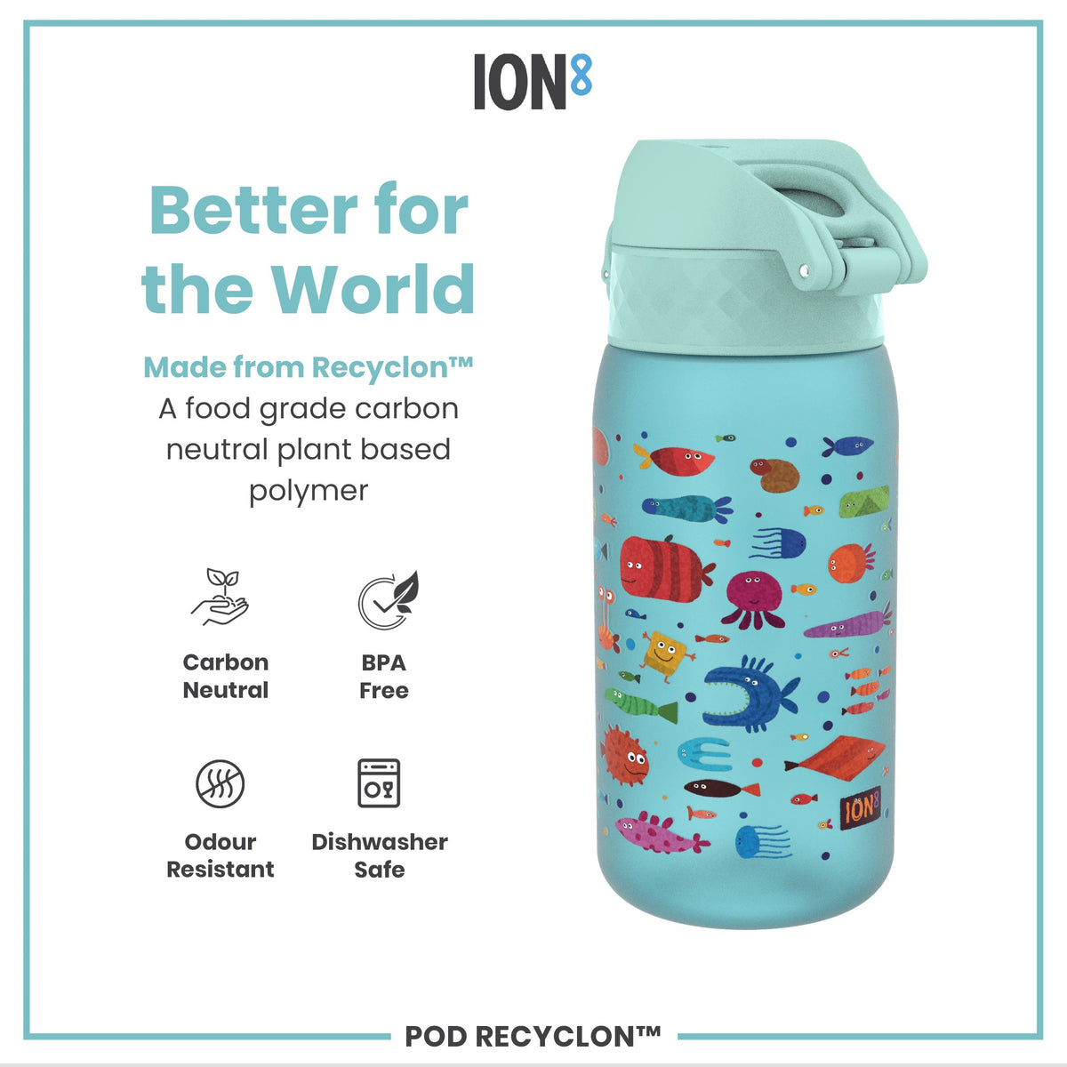 A light-blue water bottle, featuring cartoon sea creatures, sits against a white background; it’s made from a plant-based, carbon-neutral polymer, BPA-free, odour-resistant, and dishwasher-safe. Better for the World. Made from Recyclon™. POD RECYCLON™.