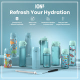 Several water bottles, displaying various sizes and colorful designs, are arranged on a light blue surface. The bottles are promoting hydration. The text reads: 