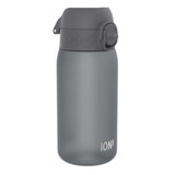 A gray water bottle sits on a white background. The bottle has a gray, hinged lid with a textured section and a rotating closure. The brand 