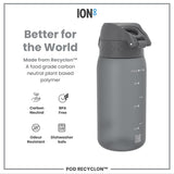 A gray water bottle sits on a white background. It is made from Recyclon™, a food-grade, carbon-neutral plant-based polymer. The bottle is BPA-free, odour-resistant, and dishwasher safe.