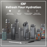 Several ION8 water bottles, various sizes and designs, are displayed on a gray surface. Accessories are also shown. The text reads: 