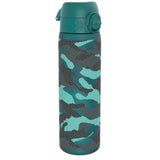 A teal water bottle, featuring a camouflage pattern, stands upright against a white background.